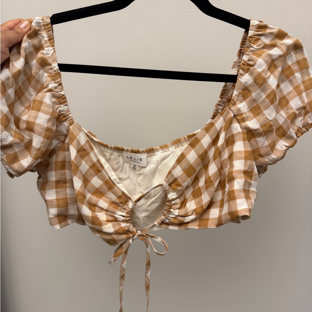 Le Lis White and Tan Gingham Tie-Front Crop Top